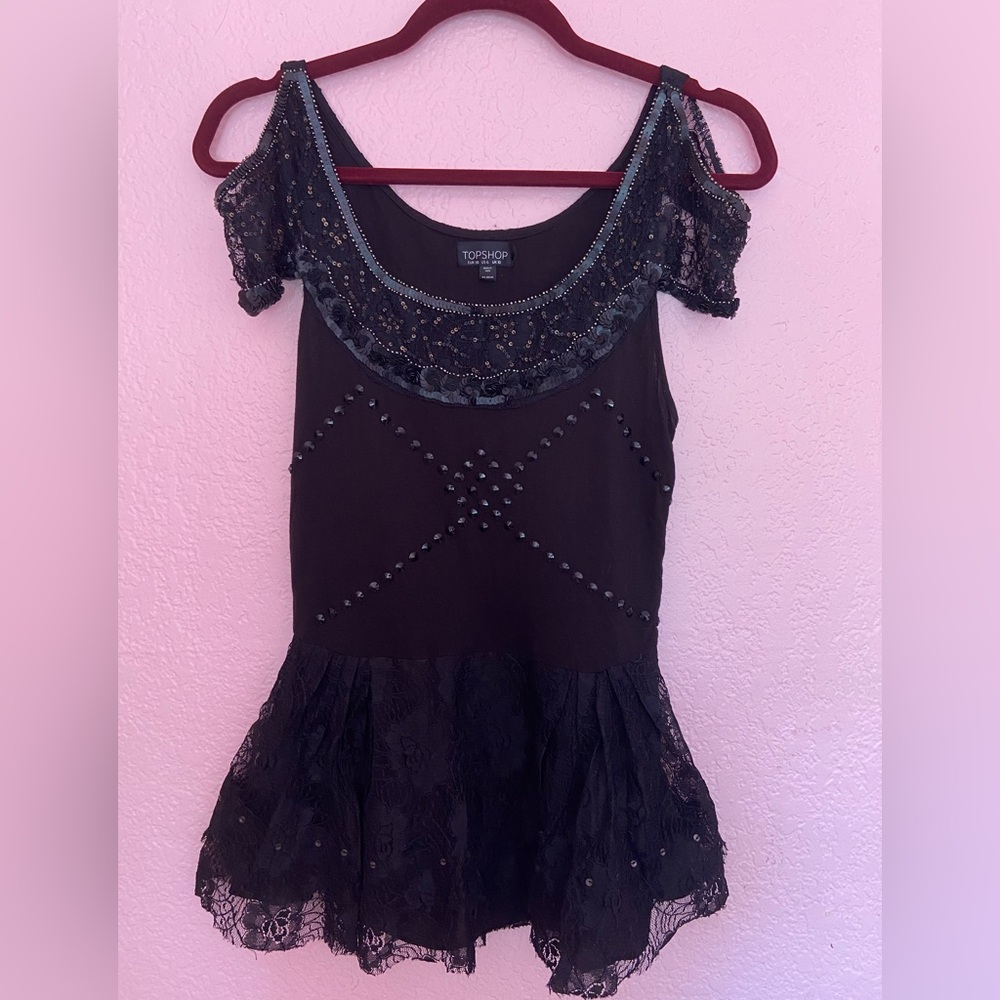 Topshop Embellished Cold Shoulder Lace Peplum Top